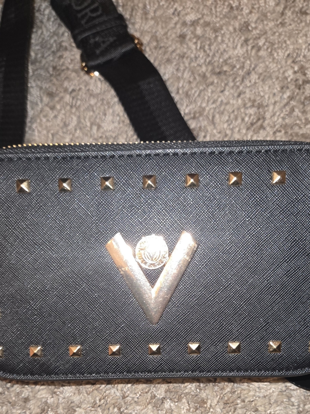 Black Crossbody Bag with Gold V Emblem and Stud Detailing